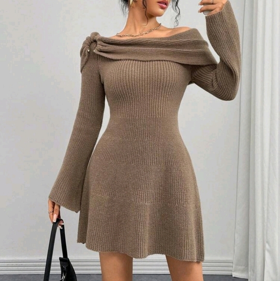 Trendy Cinched Waist, Asymmetrical Shoulder, Long Sleeve Knitted Brown Dress